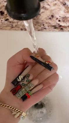 No Charm Nails, Long Nail Designs 2024 Trends, Ysl Nails Design, Super Long Acrylic Nails, Hood Nails, Money Nails Designs, Lucky Nails, Lv Nails, Money Nails