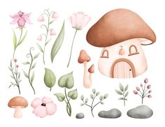 a watercolor painting of mushrooms and flowers