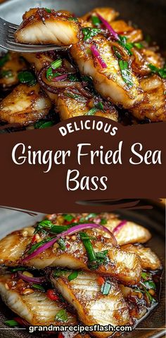 delicious ginger fried sea bass with red onion and green onions