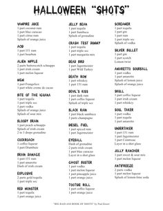 the halloween shots list is shown in black and white, with words that spell out what to