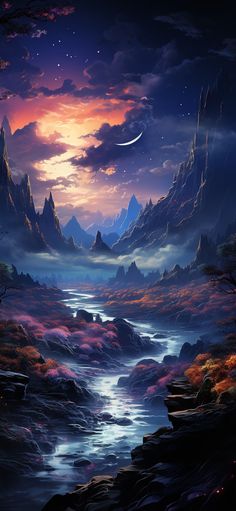 a river flowing through a lush green forest under a night sky