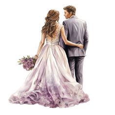 a watercolor painting of a bride and groom in formal attire, facing each other