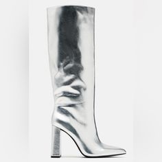 Zara Metallic Knee Heeled Boots Nwt Size 10 Metallic Boots Silver Boots Heeled Boots Knee High Boots Spring Knee-high Boots With Reinforced Heel And Pointed Toe, Glamorous Formal Spring Boots, Spring Formal Heeled Boots With Wrapped Heel, Party Boots With Padded Heel And Wide Calf, Chic Silver Heels For Fall, Glamorous Fall Closed Toe Boots, Glamorous Closed Toe Boots For Fall, Winter Knee-high Closed Toe Boots For Party, Winter Party Knee-high Closed Toe Boots