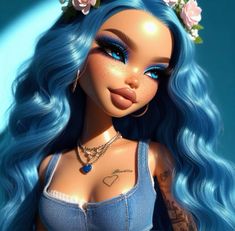 a close up of a doll with blue hair and flowers on her head wearing a necklace