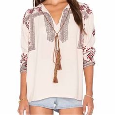 Nwat Misa Luna Top. Gauzy Light Fabric, Beautiful Embroidered Detail. Size Xs. Fits Loose V-neck Tops With Geometric Embroidery For Vacation, Summer Beige Top With Geometric Embroidery, Beige Top With Geometric Embroidery For Summer, Beige Geometric Embroidered Top For Summer, Beige Long Sleeve Embroidered Summer Top, Summer V-neck Embroidered Top With Geometric Design, Beige Embroidered V-neck Top, Summer V-neck Geometric Embroidered Top, V-neck Embroidered Top With Geometric Design For Summer