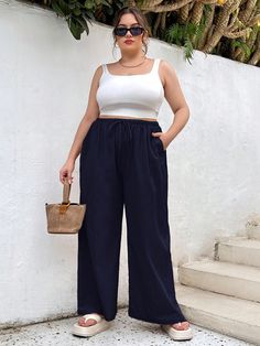 Plus Size Women's Summer Casual Vacation Loose Imitation Cotton And Linen Wide-Leg Pants Royal Blue Casual   Woven Fabric Plain Wide Leg Non-Stretch  Women Plus Clothing, size features are:Bust: ,Length: ,Sleeve Length: Plus Size Wide Leg Pants, Plus Size Wide Leg, Wide Leg Linen Pants, Plus Size Pants, Pantalon Large, Plus Clothing, Women's Style, Summer Casual, Summer Women