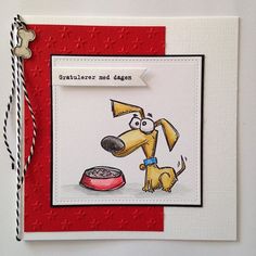 a handmade card with a cartoon dog eating food