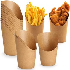 there are many different types of food in the cups on this white background, including fried chicken and french fries