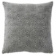 a black and white pillow with diamond pattern on the front, it is made out of linen