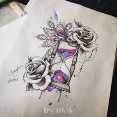 a drawing of an hourglass with roses on it and the words insatily ink