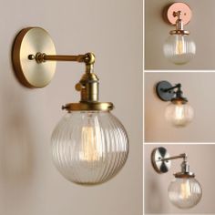 four different views of a wall light with glass globes on the side and two lights attached