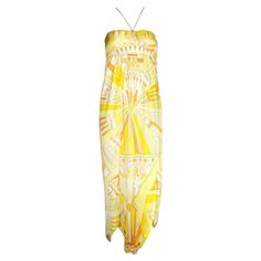 Exclusive and gorgeous EMILIO PUCCI goddess harem jumpsuit gown Rare and special piece Beautiful jersey silk Sexy high split on sides Front and back panel connected - a perfect style mixture of gown and jumpsuit Emilio Pucci signature print "Pucci" discreetly written all over Made in Italy Dry Clean Only Size 44 Unworn, tags attached Yellow Silk Maxi Dress For The Beach, Vintage Designer, Yellow Silk Maxi Dress, Yellow Silk Evening Maxi Dress, Yellow Silk Maxi Dress Floor-length, Yellow Silk Floor-length Maxi Dress, Harem Jumpsuits, Maxi Gowns, Signature Print