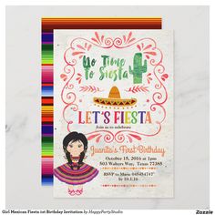 a mexican fiesta birthday party card featuring a woman in a sombrero and the words let's fiesta on it