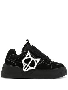 black calf leather contrast stitching logo patch to the side logo patch at the tongue perforated toebox front lace-up fastening chunky rubber sole Low-top Leather Sneakers With Logo Patch, Leather Lace-up Sneakers With Logo Patch, Leather Low-top Sneakers With Logo Patch, Sporty Leather Sneakers With Logo Patch, Leather Sports Sneakers With Logo Patch, Leather Sneakers With Logo Patch For Sports, Low-top Platform Sneakers With Logo For Sports, Low-top Platform Sneakers For Sports With Logo, Black Leather Sneakers With Logo Patch