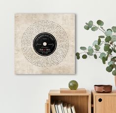 a book shelf with books and a plant on it next to a wall mounted record