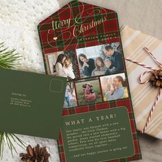 a christmas card with photos on it next to some pine cones and other holiday decorations