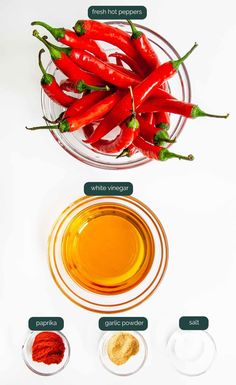 the ingredients to make chili sauce are shown in bowls