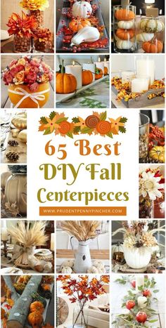 a collage of different fall centerpieces with pumpkins and leaves on them