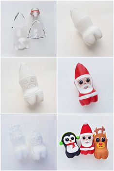 several different types of plastic toys are shown in multiple pictures, including santa clause and penguin