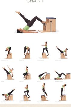 a woman doing yoga poses on top of a wooden box with the instructions to do it