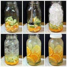 several pictures of mason jars filled with lemons, cucumbers and limeade