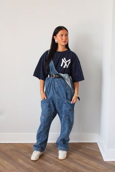 Model Is Wearing A Size Small OVERSIZED DENIM OVERALLS Oversized 90s Fashion, Barrel Overalls Outfit, Casual Medium Wash Denim Jumpsuit For Streetwear, Casual Denim Cargo Jumpsuit, Casual Indigo Denim Jumpsuit, Casual Denim Cargo Style Jumpsuit, Casual Cargo Style Denim Jumpsuit, Sporty Denim Jeans For Fall, Sporty Denim Jeans For Streetwear