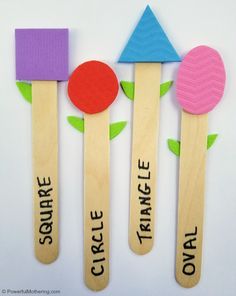 three wooden spoons with different shapes and words on them that spell out circle, square, triangle