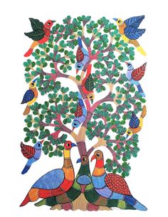 a tree with colorful birds on it and leaves around the branches, painted in bright colors