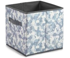 a blue and white camouflage print storage bin