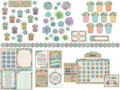 an assortment of paper and stickers with flowers, plants and potted plants on them