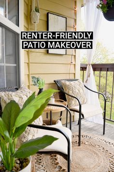 the front porch is decorated with potted plants and wicker chairs, along with an area rug that says rent - friendly patio makeover