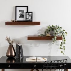 a desk with two books and some plants on it next to a wall mounted shelf