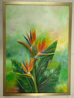 a painting of a bird of paradise plant with green leaves and red flowers on it