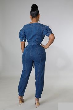 Always Sexy in Designs In VOGUE! This denim jumpsuit is botch classy and sexy. Pair with heels for a night out or combat boots for a casual look. Denim Jumpsuit Zip Closure Waist Tie Stretch Puff Sleeve Model is wearing size small Fitted Denim Blue Jumpsuit For Night Out, High Waist Denim Jumpsuit For Night Out, Denim Jumpsuits And Rompers For Night Out, Chic Denim Jumpsuits And Rompers For Night Out, Fitted High Waist Denim Jumpsuit For Night Out, Fitted High Rise Jumpsuits And Rompers For Night Out, Fitted High Rise Jumpsuits For Night Out, Fitted Denim Jumpsuit In Overall Style, Fitted Trendy Denim Jumpsuit Overall