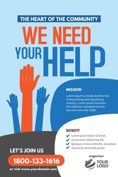 a poster with hands up and the words we need your help