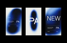 three posters with the letters pa and p in white, blue and black on them