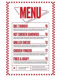 a menu for a restaurant with red and white checkered border on the bottom half of it