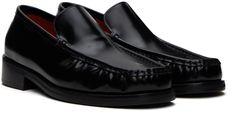 Polished calfskin loafers in black. · Logo stamp at square moc toe · Grained lambskin and suede lining · Stacked calfskin heel with rubber injection · Calfskin outsole Supplier color: Black Black Square-toe Calf Leather Loafers, Black Square Toe Calf Leather Loafers, Black Square Toe Loafers For Business, Black Moc Toe Moccasins For Formal Occasions, Black Goodyear Welted Loafers In Calf Leather, Black Calf Leather Moccasins For Semi-formal Occasions, Formal Black Moccasins With Moc Toe, Formal Black Moc Toe Moccasins, Black Semi-formal Moccasins With Stitched Sole