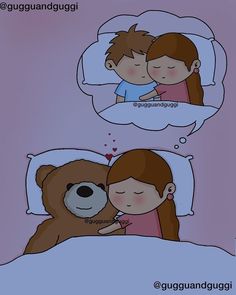 a couple is sleeping in bed with a teddy bear and thought bubble above them that says i love you