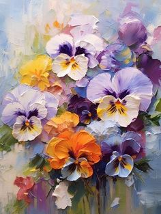 an oil painting of pansies in a vase