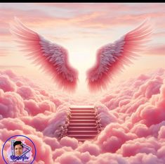 two angel wings over stairs in the clouds with pink and blue sky behind them, above which is a stairway leading to heaven