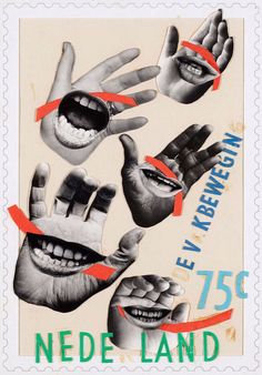 a stamp with different hand gestures on it's front and back sides, including the words nede land