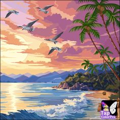 a painting of seagulls flying over the ocean with mountains and palm trees in the background