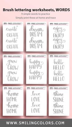 8 brush lettering worksheets, words and phrases to practice the art of hand lettering