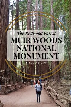 a woman walking down a path in the woods with text overlay reading the redwood forest, mur - woods national monument