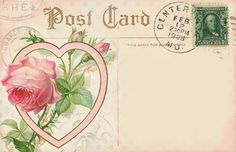 a postcard with a heart and rose on it