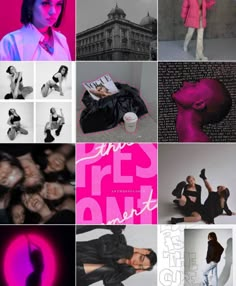 a collage of photos with pink and black images in the middle, including an image of a woman's face