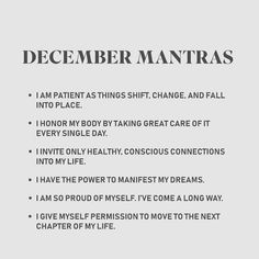 a poem written in black and white with the words december mantras on it