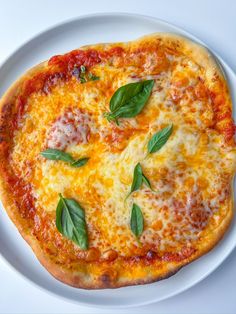 a cheese pizza on a white plate with green leafy garnish and sauce