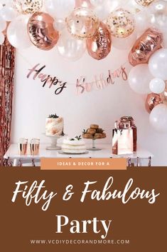 a birthday party with balloons, cake and desserts on the table in front of it